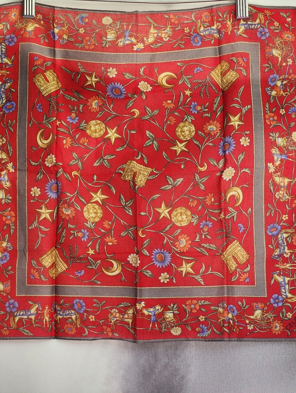 Vintage CELINE Paris Red Equestrian Carriage Cotton Handkerchief Scarf 18"x18"